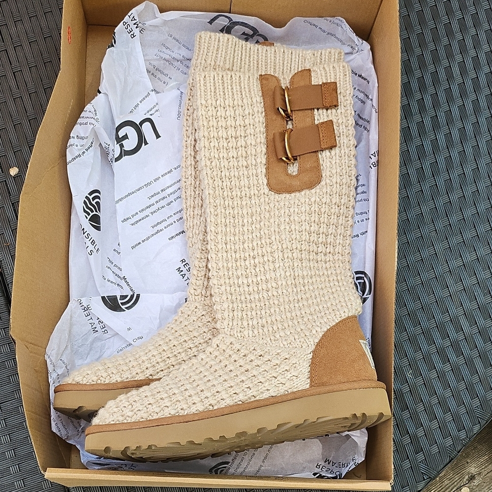 UGG Beige Solene Knit Boots with Buckle